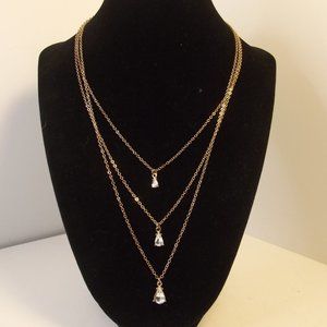 Triple Strand Gold Tone Chain & Teardrop Rhinestone Pendants